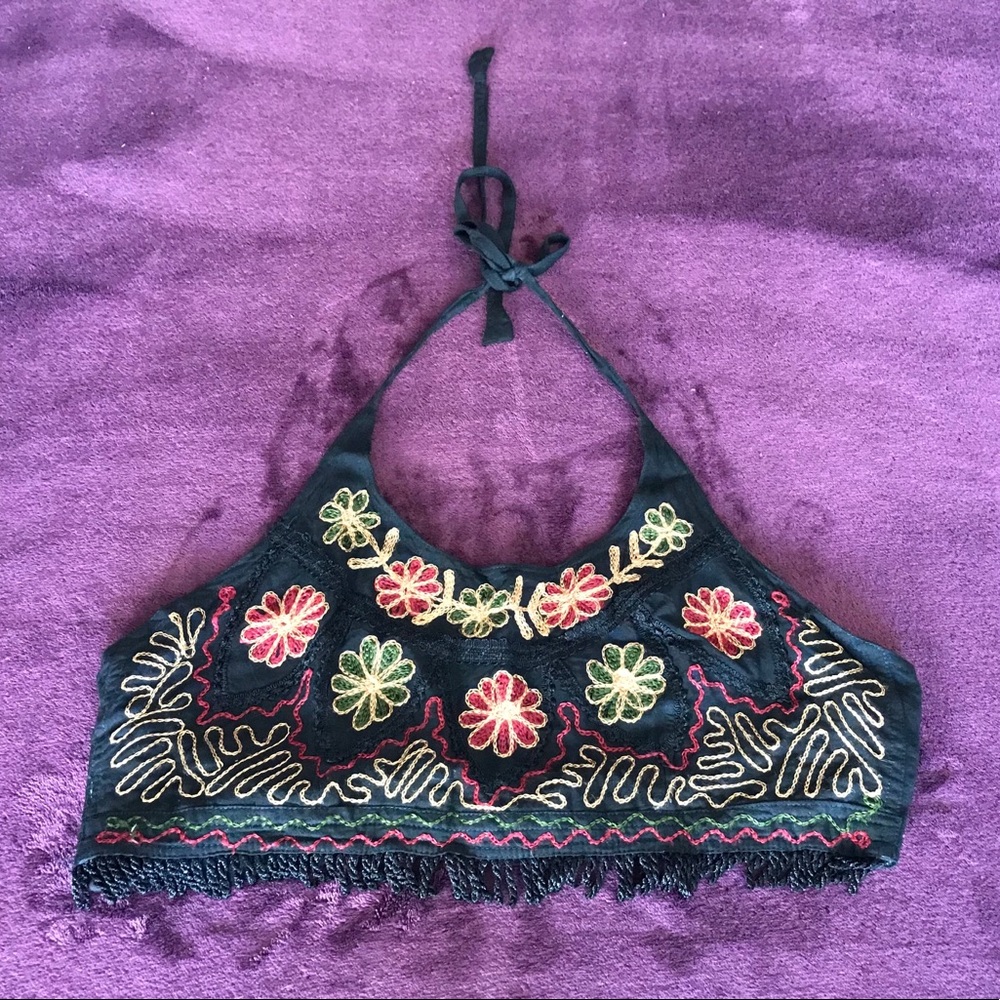 Black Crop Top with Woven Floral Detailing